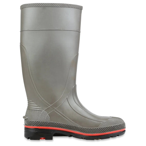 Rugged 15 Inch PVC Work Boots For Men With Top Shelf Chemical Resistance And Totally Drip Proof Waterproof Build Featuring Soft Toe Protection Removable Contour Cushion Insole For All Day Grind Ready Comfort Gray Red Black