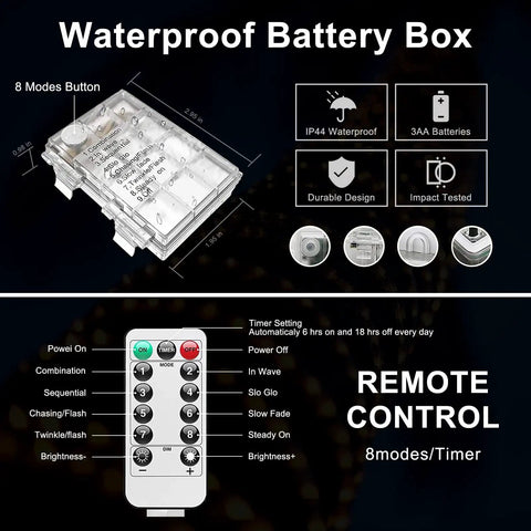 Waterproof battery box and remote for 2 Pack Battery Operated Outdoor String Lights With 8 Modes, Portable Rope Lights Powered By 3 AA Batteries Each, No Plug Needed For Safer Decor, Flexible Bendable Design To Shape Around Trees And Eaves, Perfect For Christmas And Backyard Vibes.