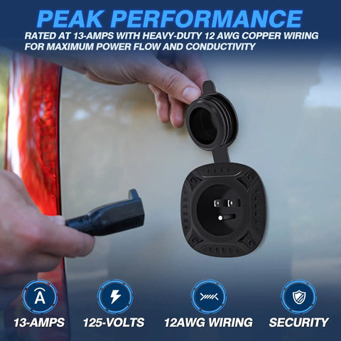 13 Amp 125 Volt AC Port Plug With 16 Inch Heavy Duty Extension Cord And Water Resistant Cap Center Back Outlet Design For Easy Battery Chargers Engine Bays Auto Tools And Garage Power mounted on vehicle panel