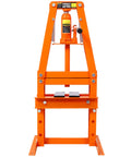 Garage Beast Six Ton Hydraulic Press With Adjustable Plates And Reliable Safety Valve Orange Benchtop Power Tool For Auto Mechanics And Hardcore Metal Project Work front view of the orange hydraulic press showing adjustable plates.