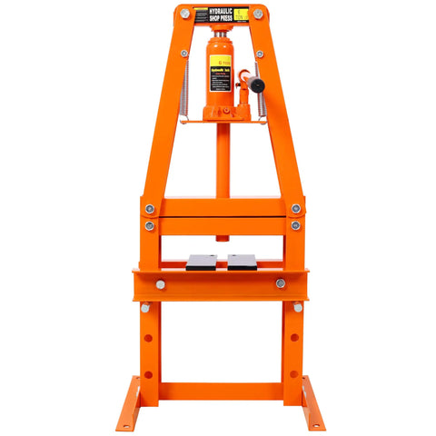 Garage Beast Six Ton Hydraulic Press With Adjustable Plates And Reliable Safety Valve Orange Benchtop Power Tool For Auto Mechanics And Hardcore Metal Project Work front view of the orange hydraulic press showing adjustable plates.