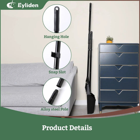 Large Upright Commercial Dustpan With Comb Teeth For Hair And Debris Cleanup, shown with features: hanging hole, snap slot, alloy steel pole.