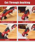 Katerk Cordless Electric Cardboard Cutter 4.4V cutting through cardboard, carpet, leather, and plastic with precision.