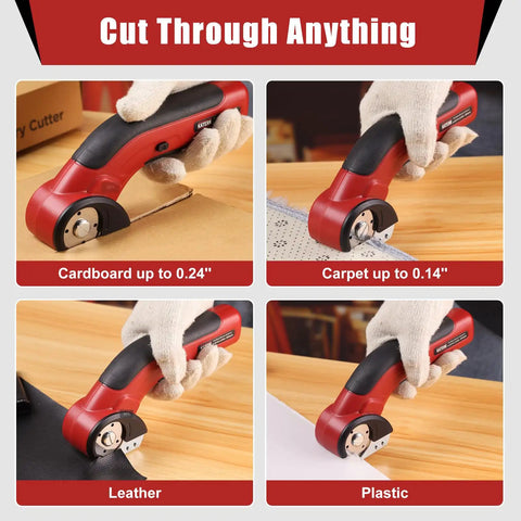 Katerk Cordless Electric Cardboard Cutter 4.4V cutting through cardboard, carpet, leather, and plastic with precision.