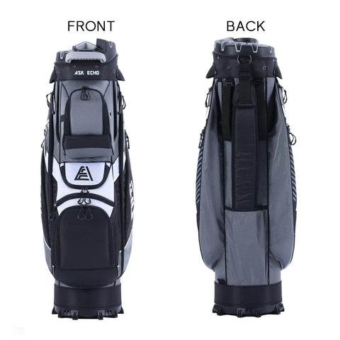Front and back view of TLock Golf Cart Bag With 14 Way Top Organizer And Quiet Rattle Free Design Big Storage Pockets Rain Cover Durable Handles Grey Premium Cart Bag For Men.
