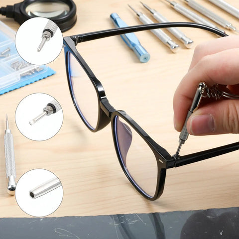 Three In One Eyeglass Repair Kit With Mini Screwdrivers And 80 Silicone Sealing Rings in use on black eyeglasses frame