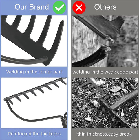 Comparison of heavy duty bow rake with 60 inch stainless steel handle against weaker rake, highlighting welding and durability features.