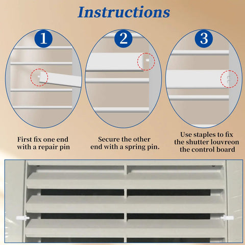 Instructions for No Sweat Plantation Shutter Repair Kit with spring pins and staples for easy DIY fixes