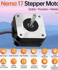 Front view of a NEMA 17 stepper motor with silver faceplate and black housing; four-wire lead visible.
