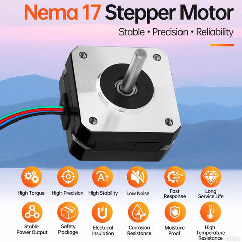 Front view of a NEMA 17 stepper motor with silver faceplate and black housing; four-wire lead visible.