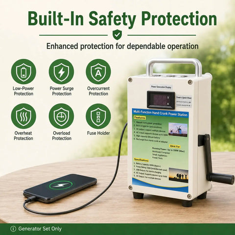 Off Grid Power On The Go With 150W And 500W Hand Crank Generator featuring safety protection icons and phone charging