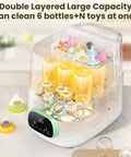 MOLWAY Upgraded Bottle Washer Pro front view with transparent lid and 6 baby bottles on rack