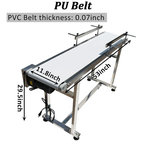 Heavy Duty Industrial Flat Conveyor Belt Built Like A Tank With Adjustable Guardrails Stainless Steel Frame Variable Speed Motor, 11.8inch wide, 53inch long.