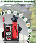 Garage Ready Golf Bag Organizer With Wheels Keeps Your Golf Gear Off The Floor Holds One Standard Bag Plus Clubs Balls Shoes Tees Gloves And Accessories In A Durable Space Saving Rack