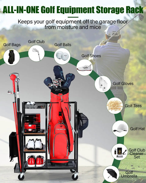 Garage Ready Golf Bag Organizer With Wheels Keeps Your Golf Gear Off The Floor Holds One Standard Bag Plus Clubs Balls Shoes Tees Gloves And Accessories In A Durable Space Saving Rack