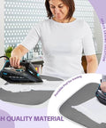 Woman using portable pad for ironing on sublimation shirt kit tool for vinyl alignment with T-shirt ruler guides and accessories.