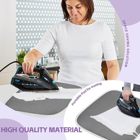 Woman using portable pad for ironing on sublimation shirt kit tool for vinyl alignment with T-shirt ruler guides and accessories.