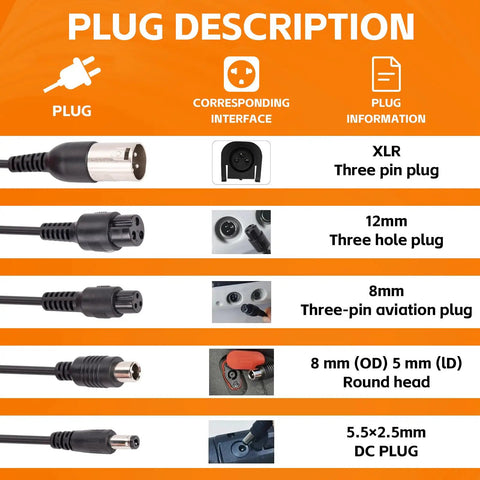 5 In 1 Electric Scooter Charger For 36V Li-Ion Batteries, 42V 2A Universal Fast Charger With 5 Interchangeable Connectors XLR