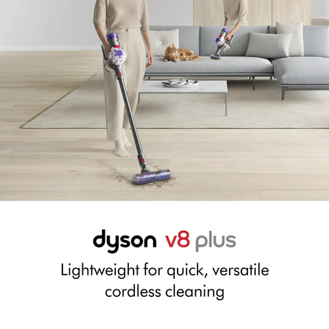 Person using V8 Plus Cordless Vacuum Cleaner for Hard Floors and Carpets, Detangles Hair and Pet Hair, Converts to Handheld