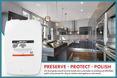 All Purpose Go To Food Grade Mineral Oil For Cutting Boards And Butcher Blocks 5 Gallon White Mineral Oil in kitchen setting