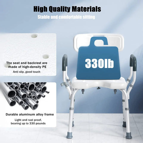 Heavy Duty Shower Chair Bath Seat With Padded Armrests Non Slip Feet Tool Free Assembly Six Stage Height Adjustment