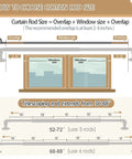 Illustration of curtain rod size guide showing window and overlap measurements with telescoping rod, Gold Industrial Curtain Rods For Windows 48 To 84 Inches, 1 Inch Diameter, Blackout Wrap Around Adjustable Heavy Duty Drapery Rods For Indoor And Outdoor Use, Supports Heavy Curtains Up To 30 Lbs.