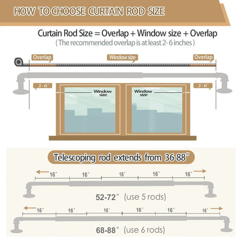 Illustration of curtain rod size guide showing window and overlap measurements with telescoping rod, Gold Industrial Curtain Rods For Windows 48 To 84 Inches, 1 Inch Diameter, Blackout Wrap Around Adjustable Heavy Duty Drapery Rods For Indoor And Outdoor Use, Supports Heavy Curtains Up To 30 Lbs.