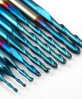 Ten Piece Nano Blue Coated Ball Nose End Mills Set, Two Flute, One Eighth Inch Shank, 0.8mm to 2.5mm Cutting Diameter, CNC Router Bits