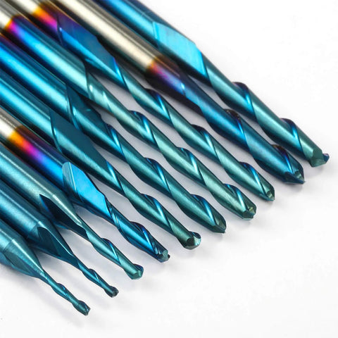 Ten Piece Nano Blue Coated Ball Nose End Mills Set, Two Flute, One Eighth Inch Shank, 0.8mm to 2.5mm Cutting Diameter, CNC Router Bits