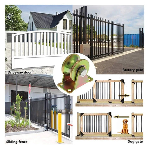 Built Tough 2 Inch V Groove Casters For Sliding Gates Rock Solid Heavy Duty Rigid Wheels Engineered For Inverted Tracks With 660 Lb Load Capacity Set Of 4 Steel Track Rollers displayed on sliding gates and fences.