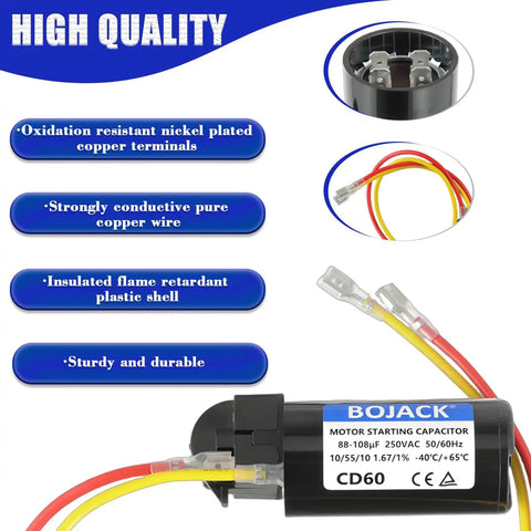Air Conditioner Hard Start Kit 8333A9021 Replacement Capacitor with wires, highlighting features like copper terminals and insulation.