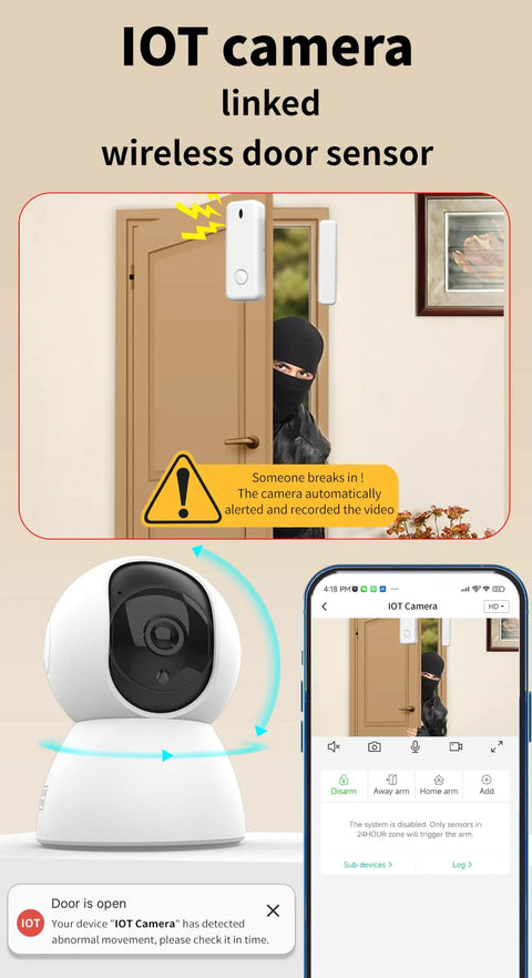 IOT camera linked with wireless door sensor detects movement and shows alert on smartphone display.