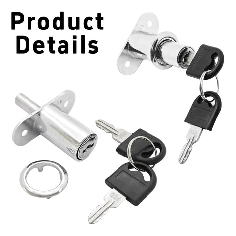 Solid Push Plunger Lock With Two Spare Keys For Cabinets Drawers And Closet Doors Chrome Zinc Alloy close-up with keys
