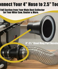 Close-up of 20-piece magnetic dust collection fittings kit with 4in to 2.5in steel reducer on dust hose.