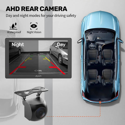 Wireless CarPlay Screen For Cars 9 Inch HD Touchscreen Portable Car Stereo With Android Auto Backup Camera display next to car layout