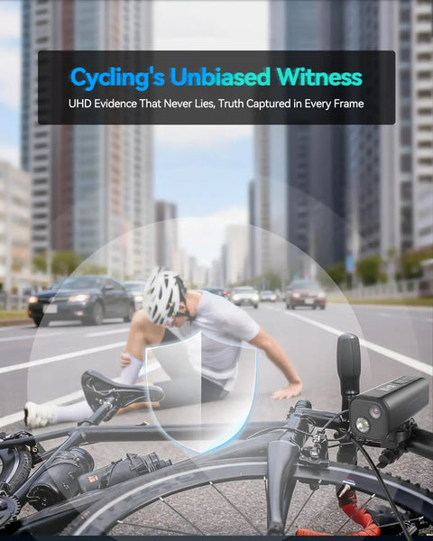 Cyclist sitting on road after accident, with 4K Bike Camera With GPS Tracking And Integrated Cycling Computer Headlight capturing scene.