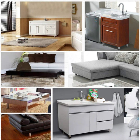 Top Shelf Adjustable Furniture Legs 4 Pack With Rock Solid Stainless Steel Build and Sweet 2 Inch Diameter showcased in modern living spaces.