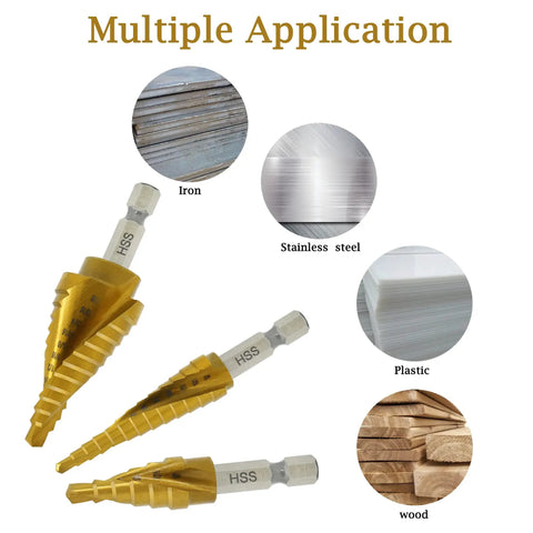 Step Drill Bit Set 3 Pcs Titanium HSS Unibit Drill Bits With Aluminum Case For Sheet Metal 28 Hole Sizes Titanium Coated