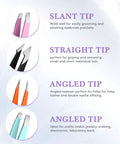 Multiple tweezer types with slant, straight, and angled tips for precise grooming and hair removal shown with descriptions.