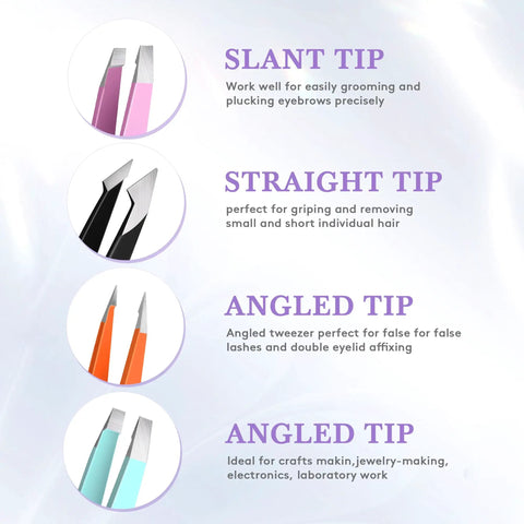 Multiple tweezer types with slant, straight, and angled tips for precise grooming and hair removal shown with descriptions.