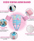 Infographic of Three In One Kids Swim Vest With Detachable Arm Bands For Ages Two To Eight, showing features and design