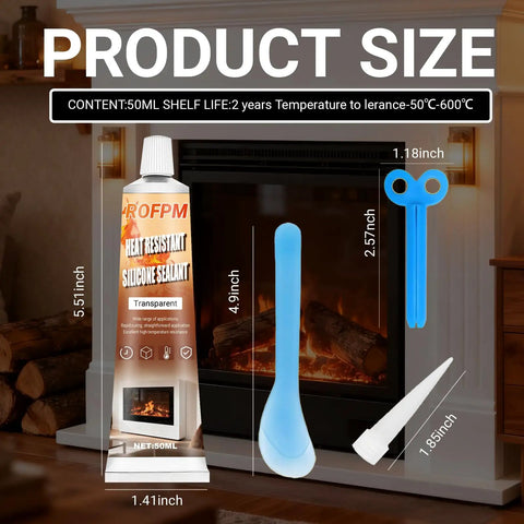 Heavy Duty High Heat Silicone Sealant Set 100ml Clear Heat Resistant Glue Ultra Durable Waterproof Sealant For Fireplace Oven Microwave Stove Cooktop Grill No Mess Pack Of 2, product with sizing details shown in front of a fireplace.
