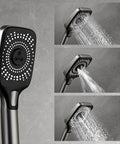 CUTPOIY Thermostatic Shower System, 4 Functions Shower Faucet Set Digital Display close-up of handheld shower head in multiple spray modes.