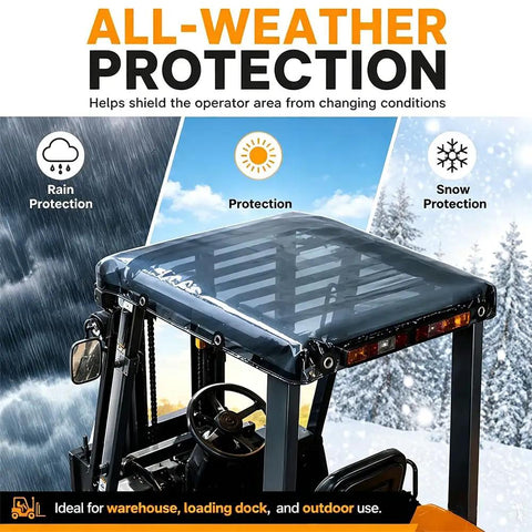Heavy Duty Forklift Roof Cover With Smoke Tinted Top Rain Guard, 53x45 inch, providing all-weather protection against rain and snow.