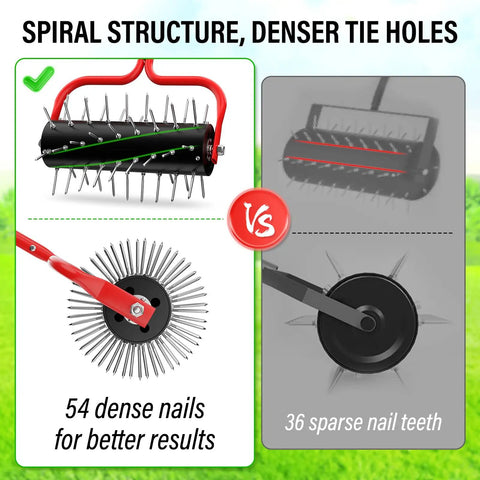 Comparison of heavy duty rolling lawn aerator with upgraded 54 pre attached spikes vs 36 sparse teeth model