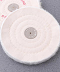 Close-up of Two Pack 6 Inch White Cloth Polishing Buffing Wheels for Jewelry and Stainless Steel with sewn circular sections