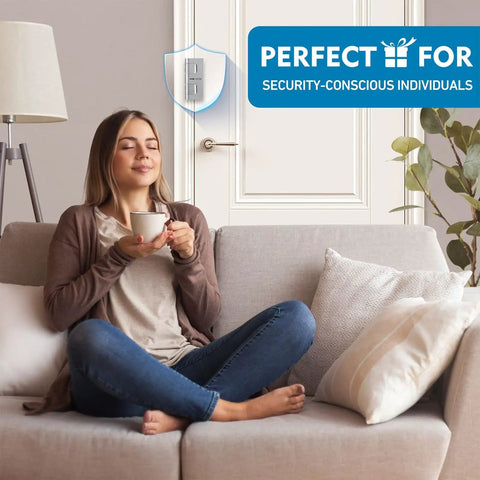 Living room with 800 Lb Beefed Up Kick Proof Door Reinforcement Lock for Inward Swing Doors Easy DIY Install visible on door.