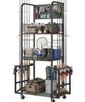 Garage Fishing Rod Storage Rack With Pegboard Hooks Three Tier Anti Drop Design Up To Ten Rods Lockable Wheels No Fuss Heavy Duty Tackle Gear Organizer Ideal For Tackle Storage And Organization Of Baits Reels And Accessories.