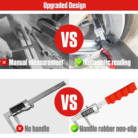Comparison showing manual vs automatic reading of Garage Ready Pro Grade 6 Inch Brake Rotor Caliper Measuring Tool