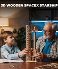 Hands On 3D Wood Puzzle For Adults SpaceX Starship Super Heavy Booster DIY Rocket Model Kit with boy and man assembling